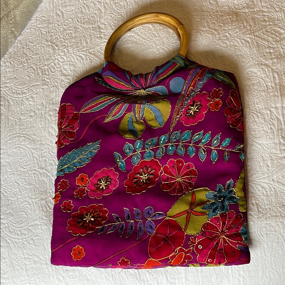 Floral Patterned Women's Bag with Bamboo Handle